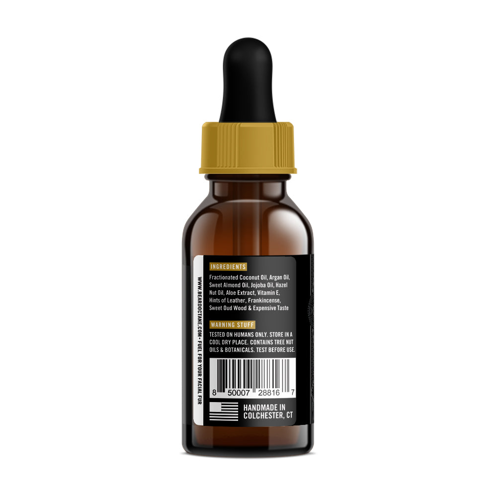 Liquid Gold Beard Oil bottle with dropper, herbal ingredients, and black label