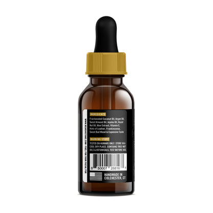 Liquid Gold Beard Oil bottle with dropper, herbal ingredients, and black label