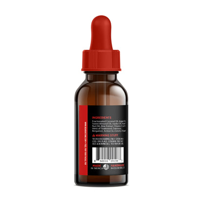 Brown glass dropper bottle with red cap on a white background